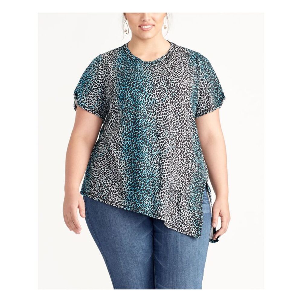 RACHEL ROY Womens Blue Side Slit Animal Print Scoop Neck Top Plus 0X